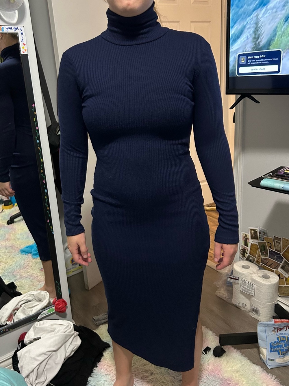 Classic Ribbed Turtleneck Midi Dress - Navy
